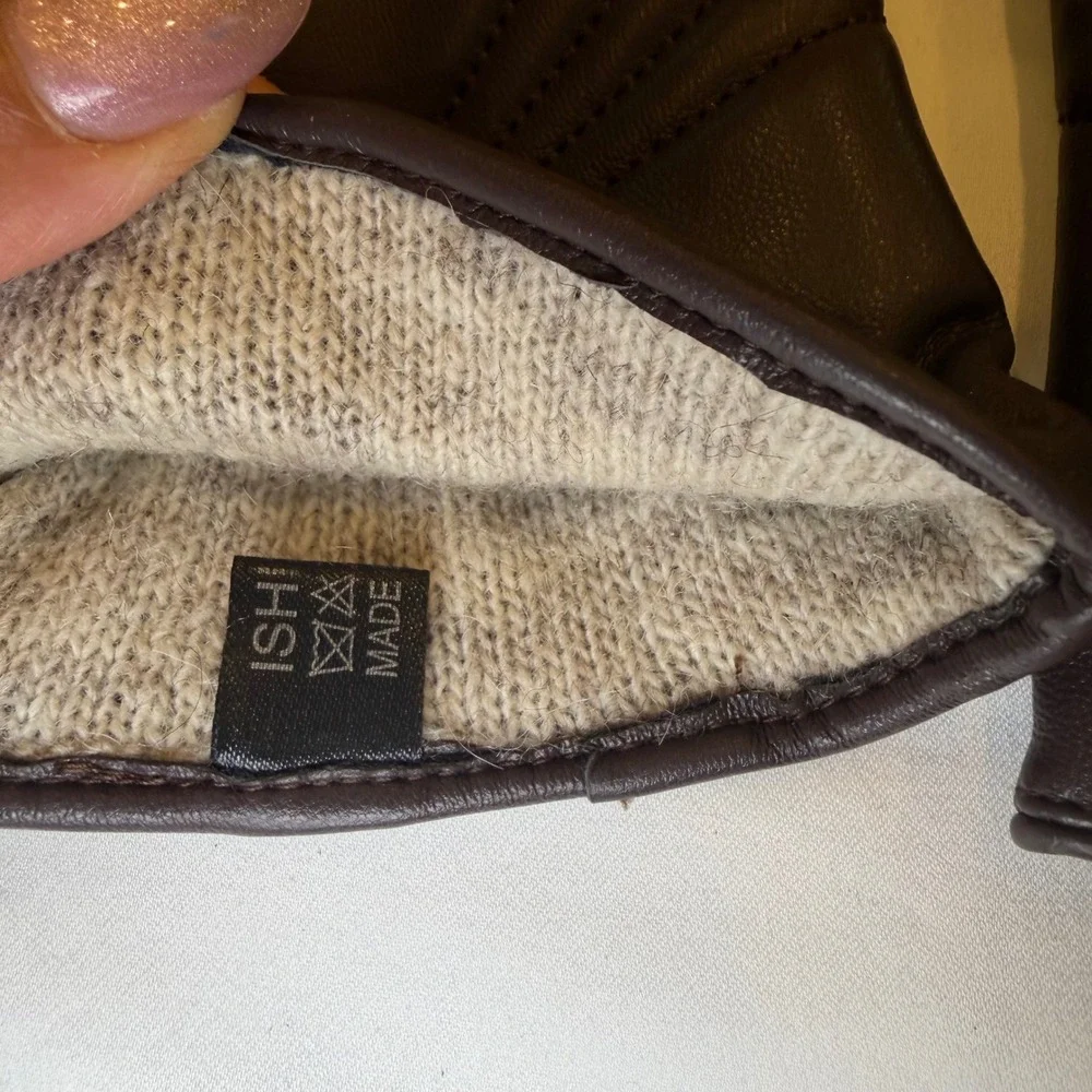 ISHI Coffee Brown Leather Gloves Women Small Button Detail Knit Lined Winter